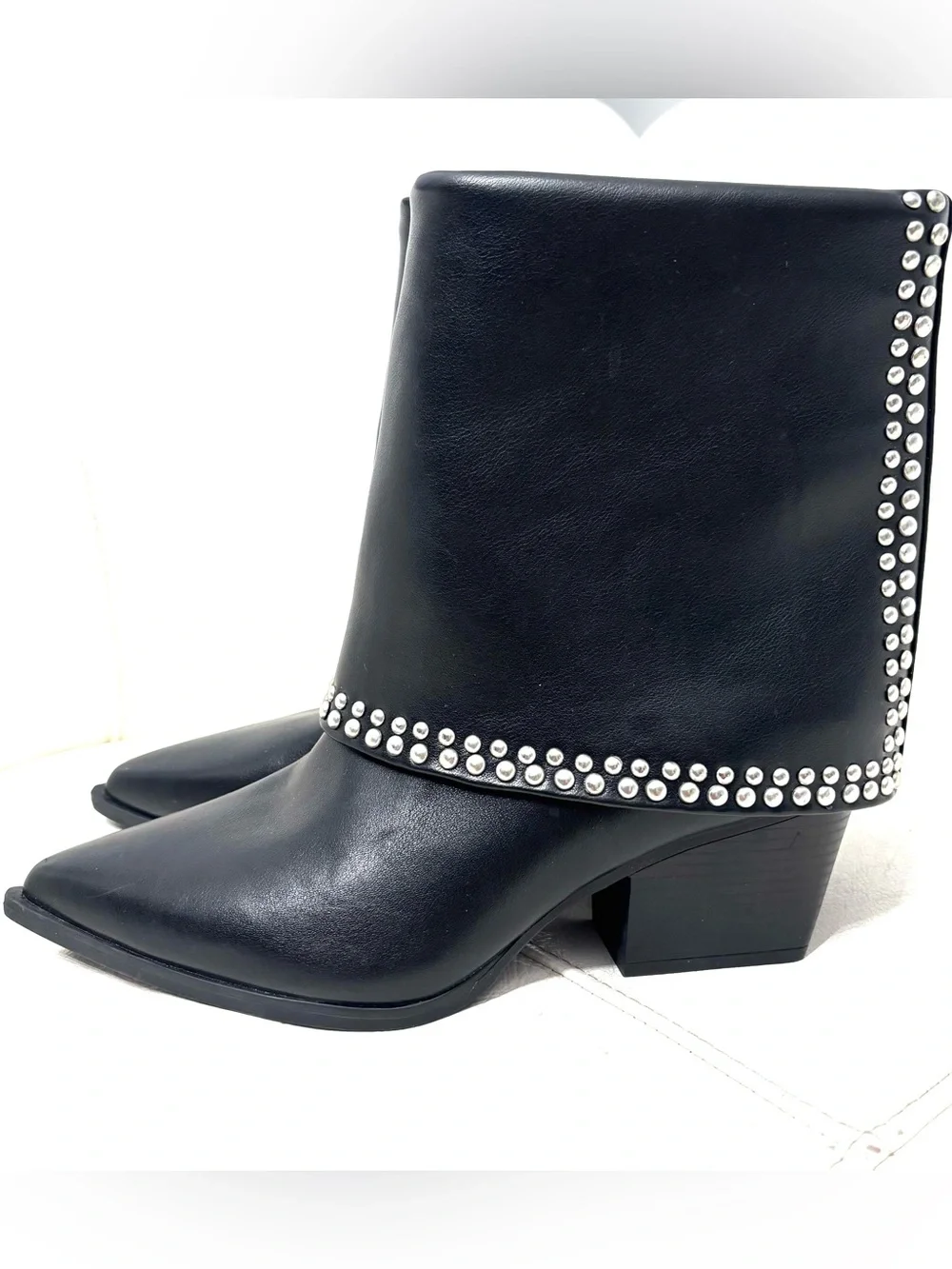 Michael Shanon Royce Fold Over Black Studded Pointed Ankle Booties